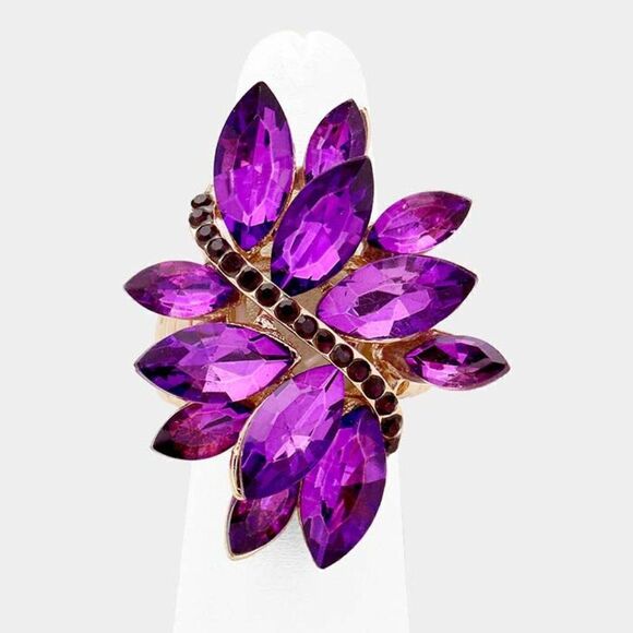 Marquise Purple Crystal Cluster Gold Stretch Ring - Picture 4 of 6